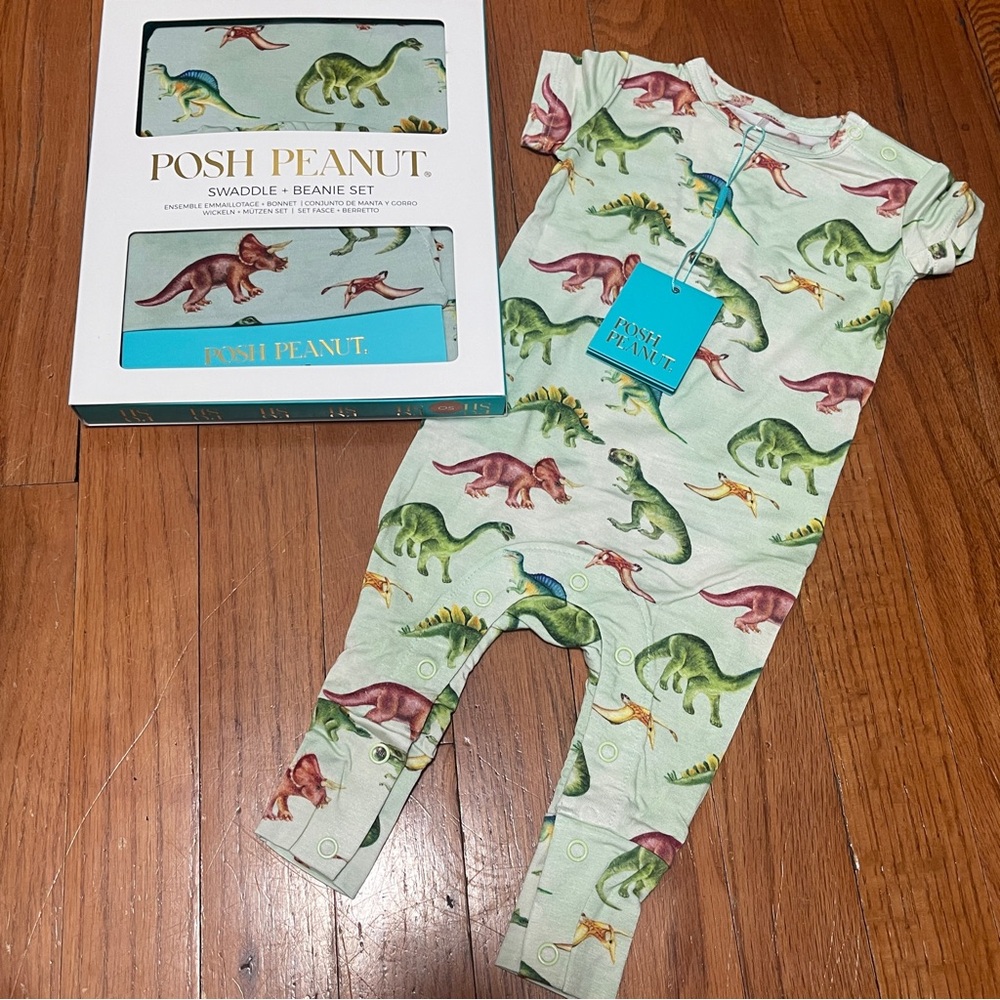 Posh Peanut Buddy Dinosaur Romper 0-3M + Swaddle & Beanie Set Bamboo NWT Green